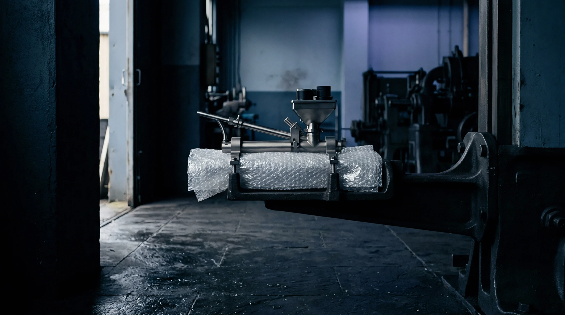 Precision stainless steel industrial equipment wrapped in protective bubble film rests securely on a heavy metal workbench inside a factory.