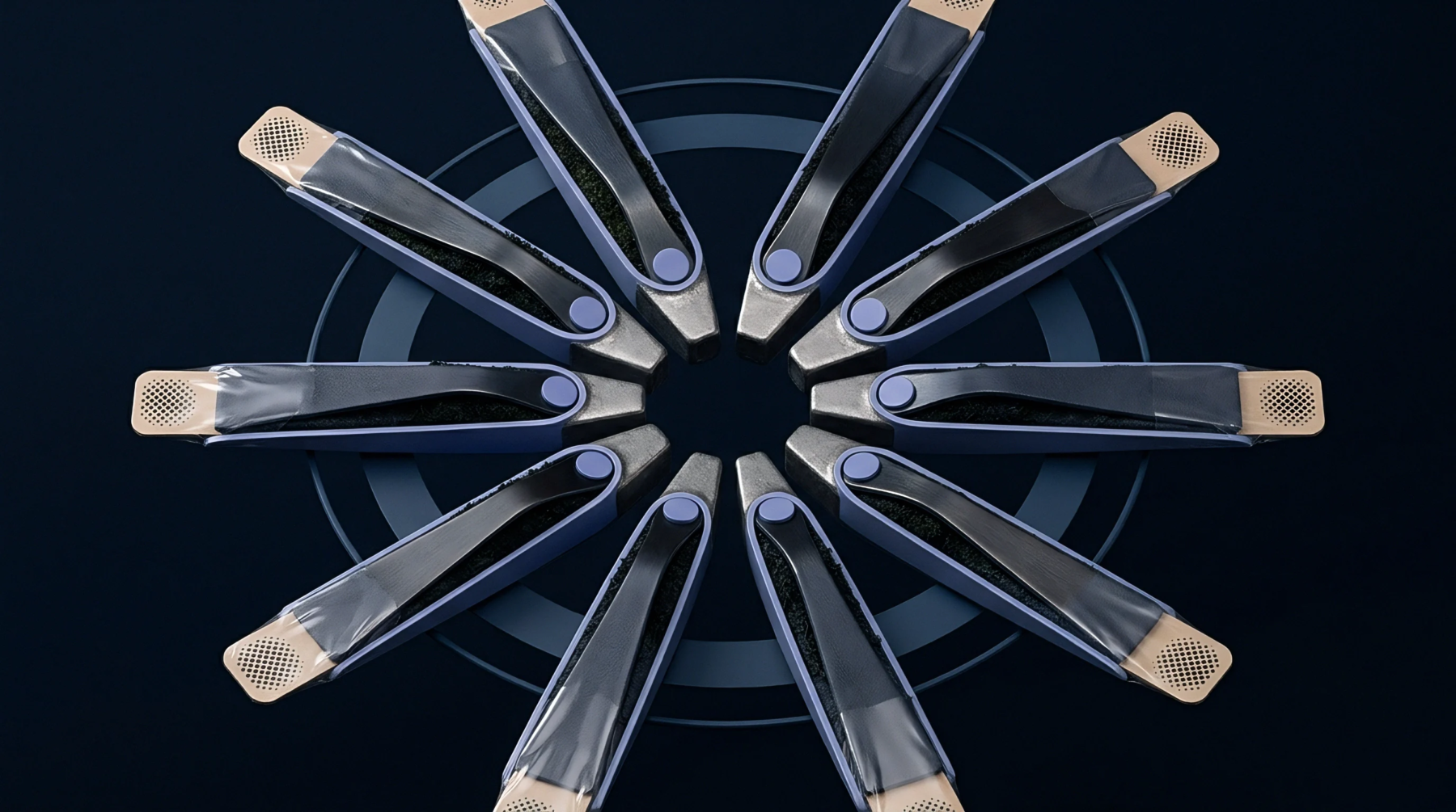 A digital render shows multiple plastic and metal electronic cleaning pens arranged in a precise radial pattern over concentric background rings.