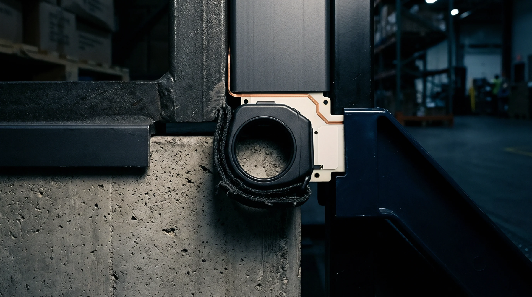 A robotic joint assembly connects to a heavy concrete pillar within a warehouse storage environment during a site integration phase.