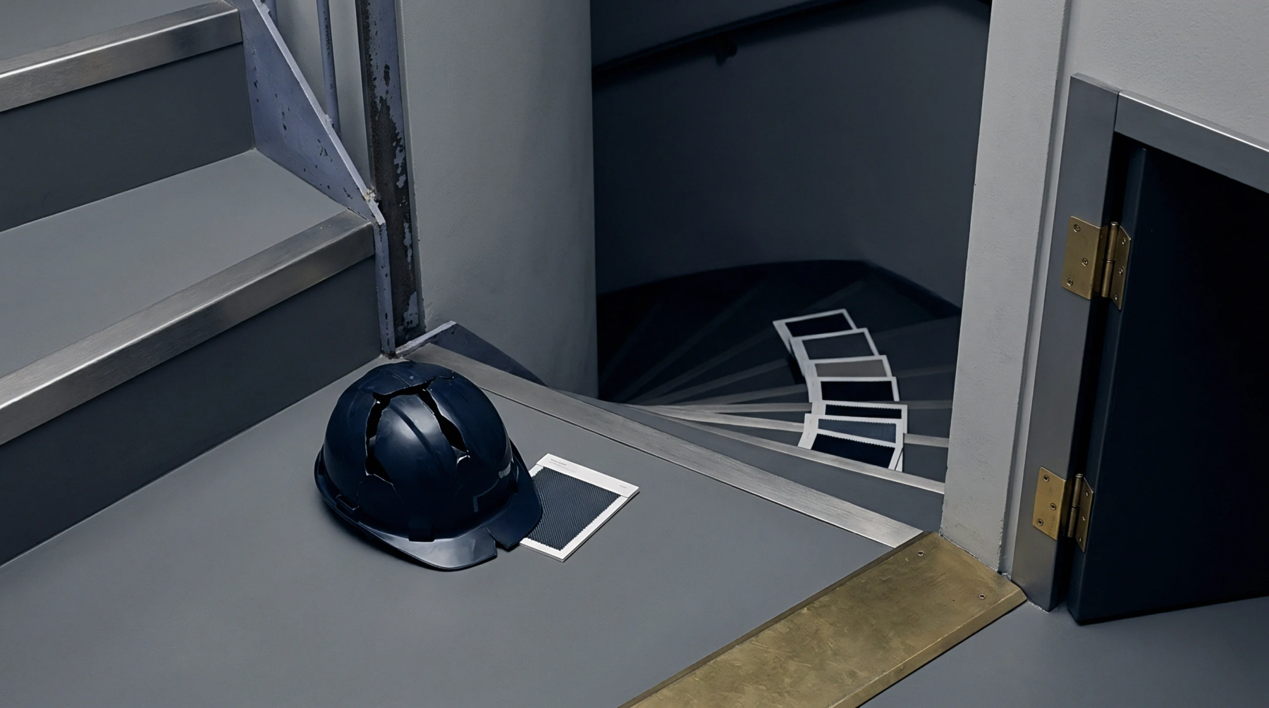 Industrial safety helmet with structural damage and digital tablet rests beside descending color swatches on grey metal distribution stairway surfaces.