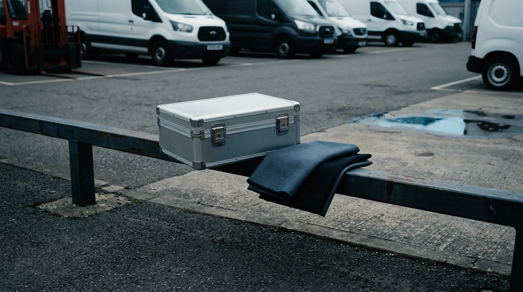 A metal equipment case and folded dark fabric rest upon a steel security barrier within an industrial commercial vehicle logistics depot.