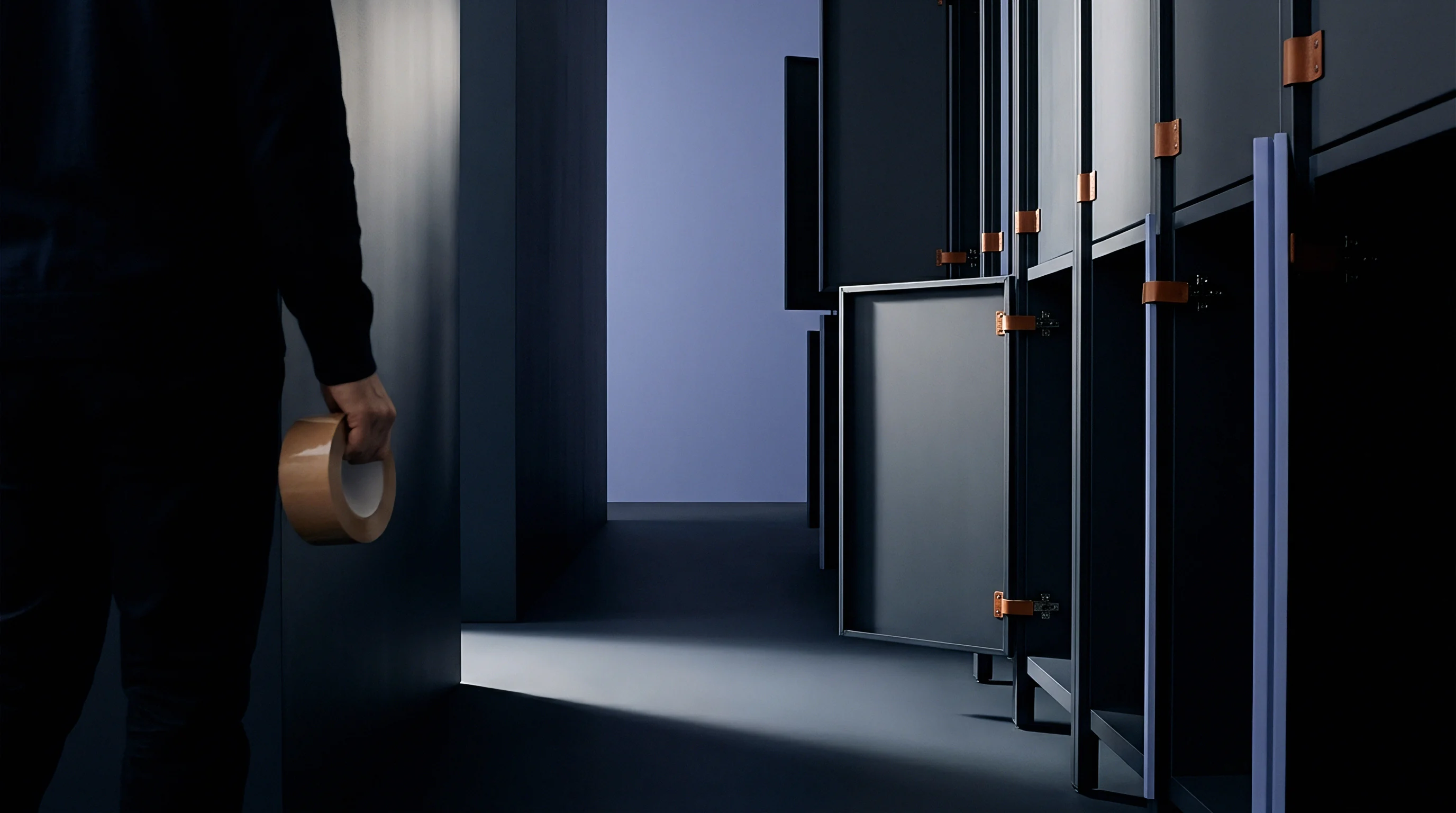 A person in a dark industrial corridor holds a roll of packing tape beside a row of modular storage units.