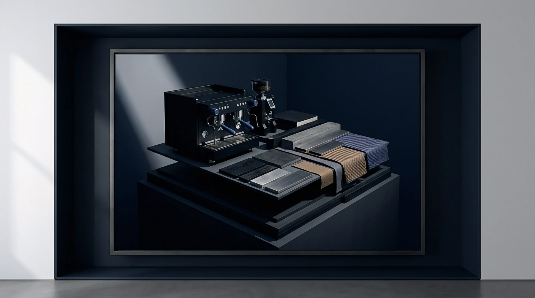 A digital render displays a professional espresso machine and grinder beside diverse metal and leather material samples on tiered display blocks.