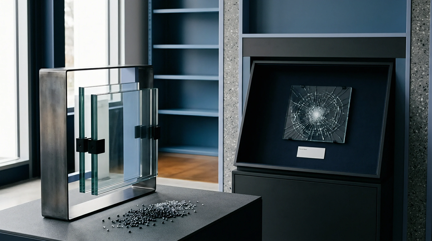 Industrial safety glass prototypes and a fractured pane specimen stand on display pedestals inside a modern product showroom.