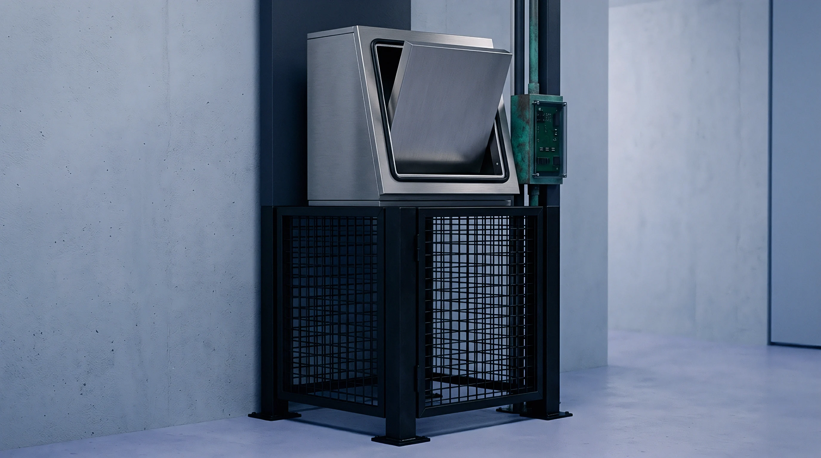 A stainless steel drop chute mounted atop a black steel mesh security cage against a raw concrete wall.