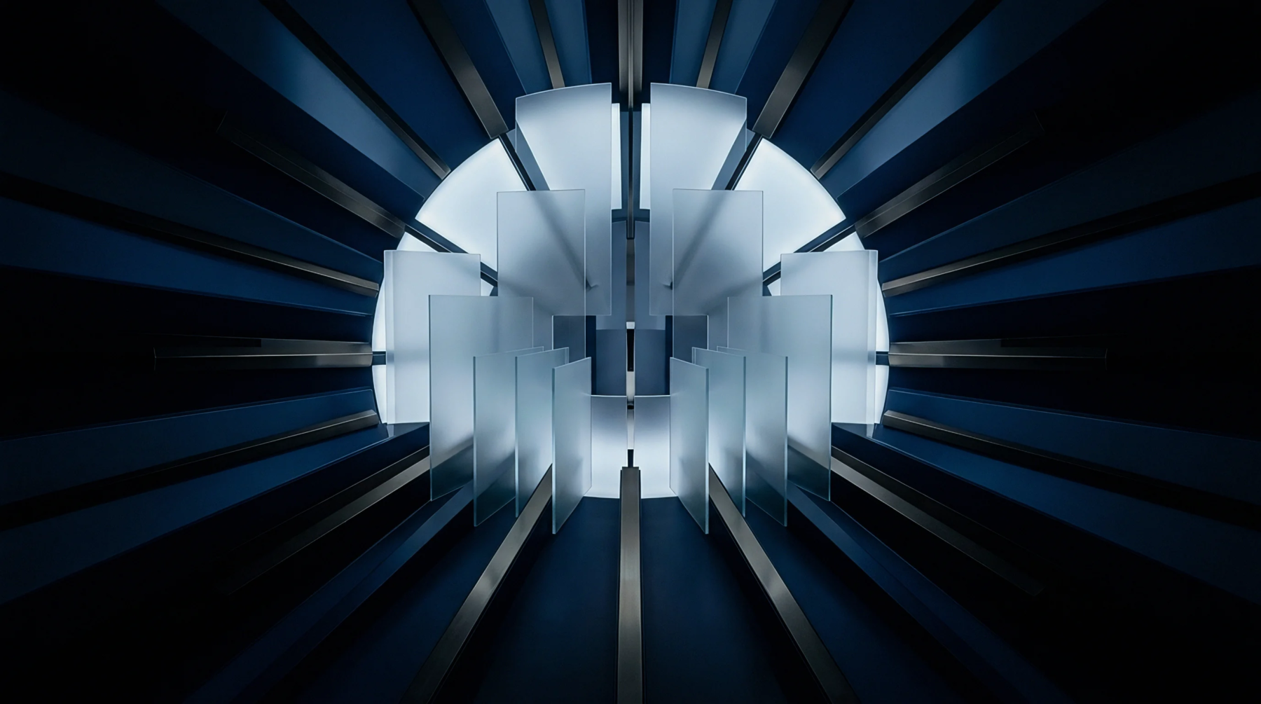 Vertical frosted glass partitions occupy the center of a radial dark blue and metallic corridor in this professional architectural render.