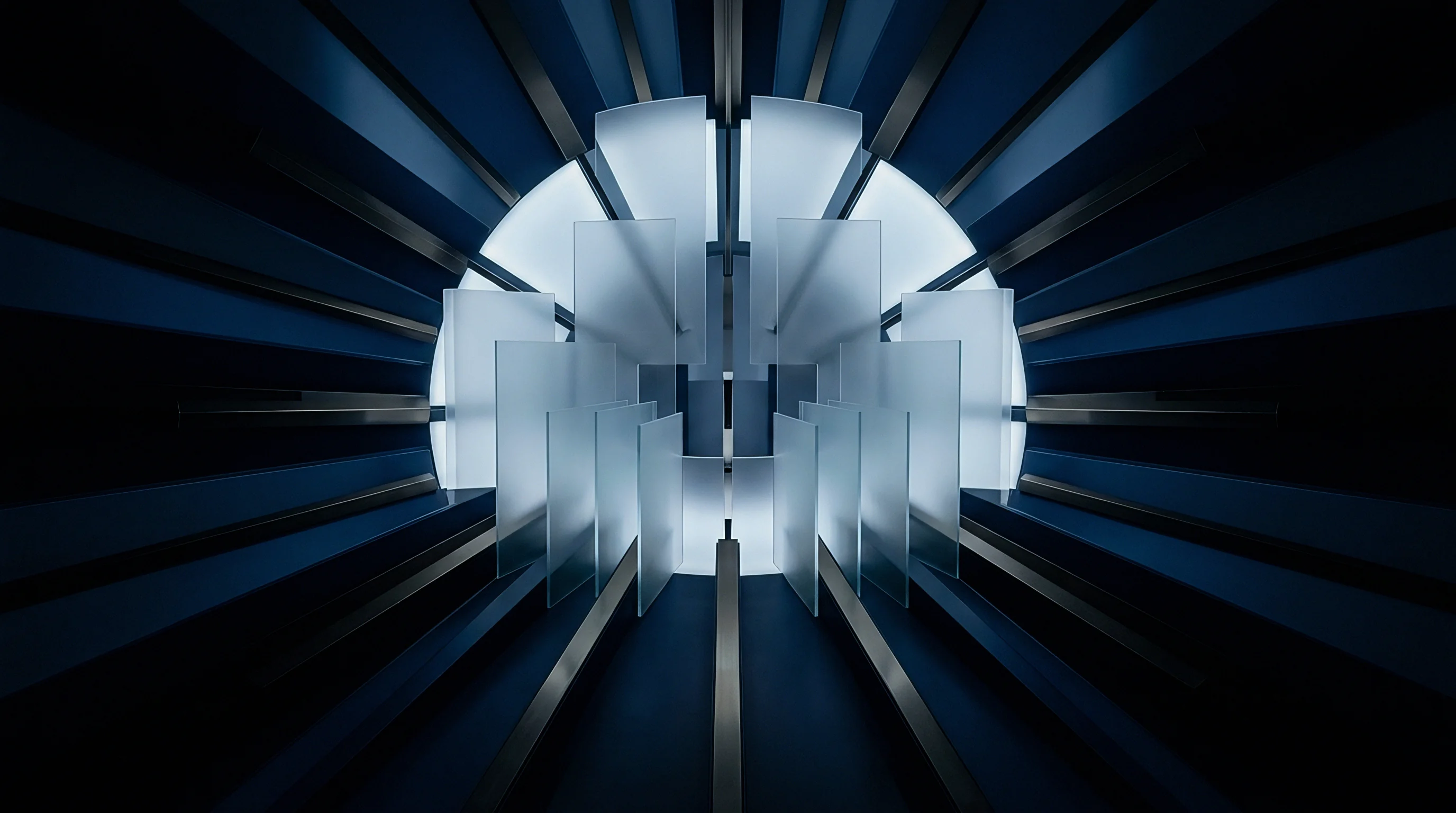 Vertical frosted glass partitions occupy the center of a radial dark blue and metallic corridor in this professional architectural render.