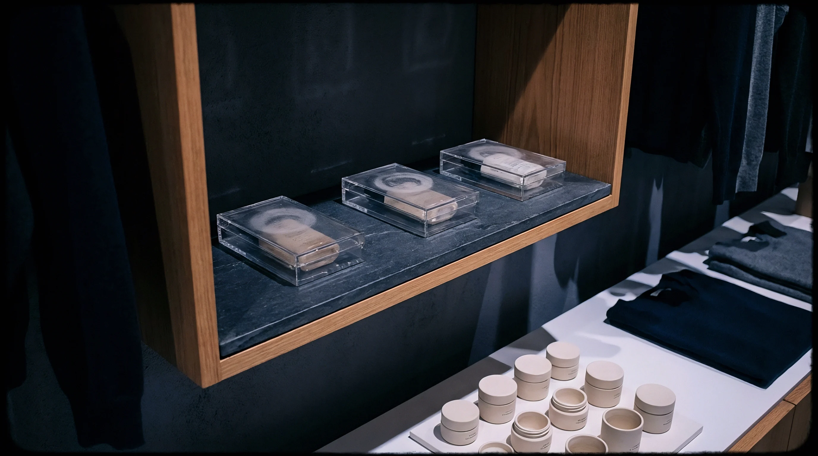Three electronic devices in clear cases sit on a dark shelf, with folded apparel and cosmetic containers arranged on a lower surface.