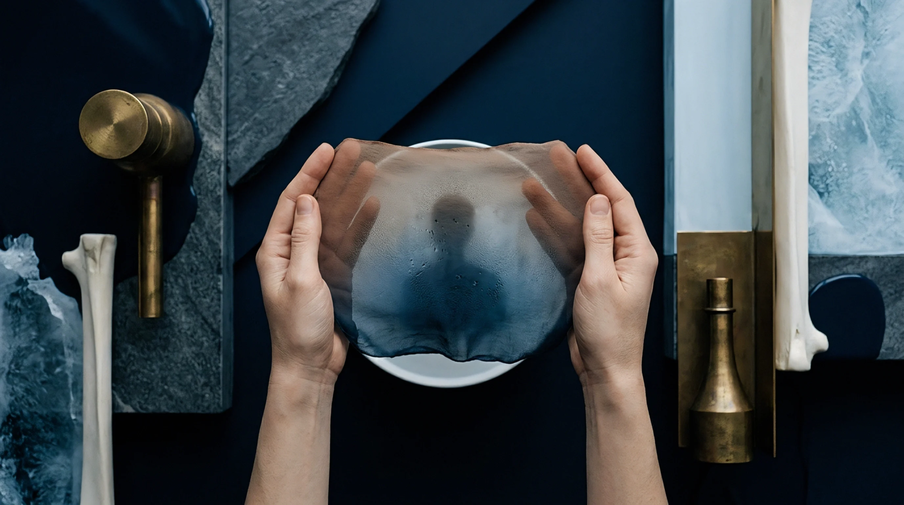 Hands stretch a translucent gradient polymer membrane over a white ceramic vessel amid dark slate surfaces and industrial brass hardware components.