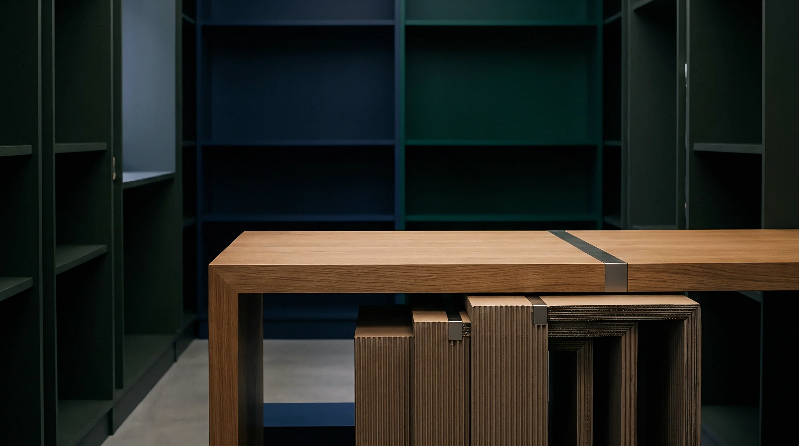 An oak table stands before empty blue and green wooden shelving with nested corrugated cardboard packaging displays tucked beneath the tabletop.