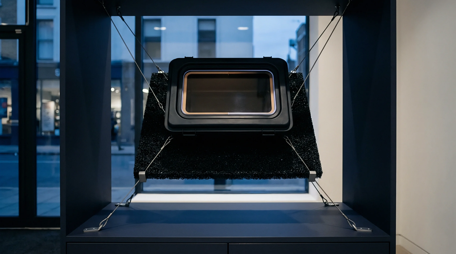 A rigid protective enclosure hangs suspended by tensioned cables inside a dark metal display frame within a commercial showroom space.