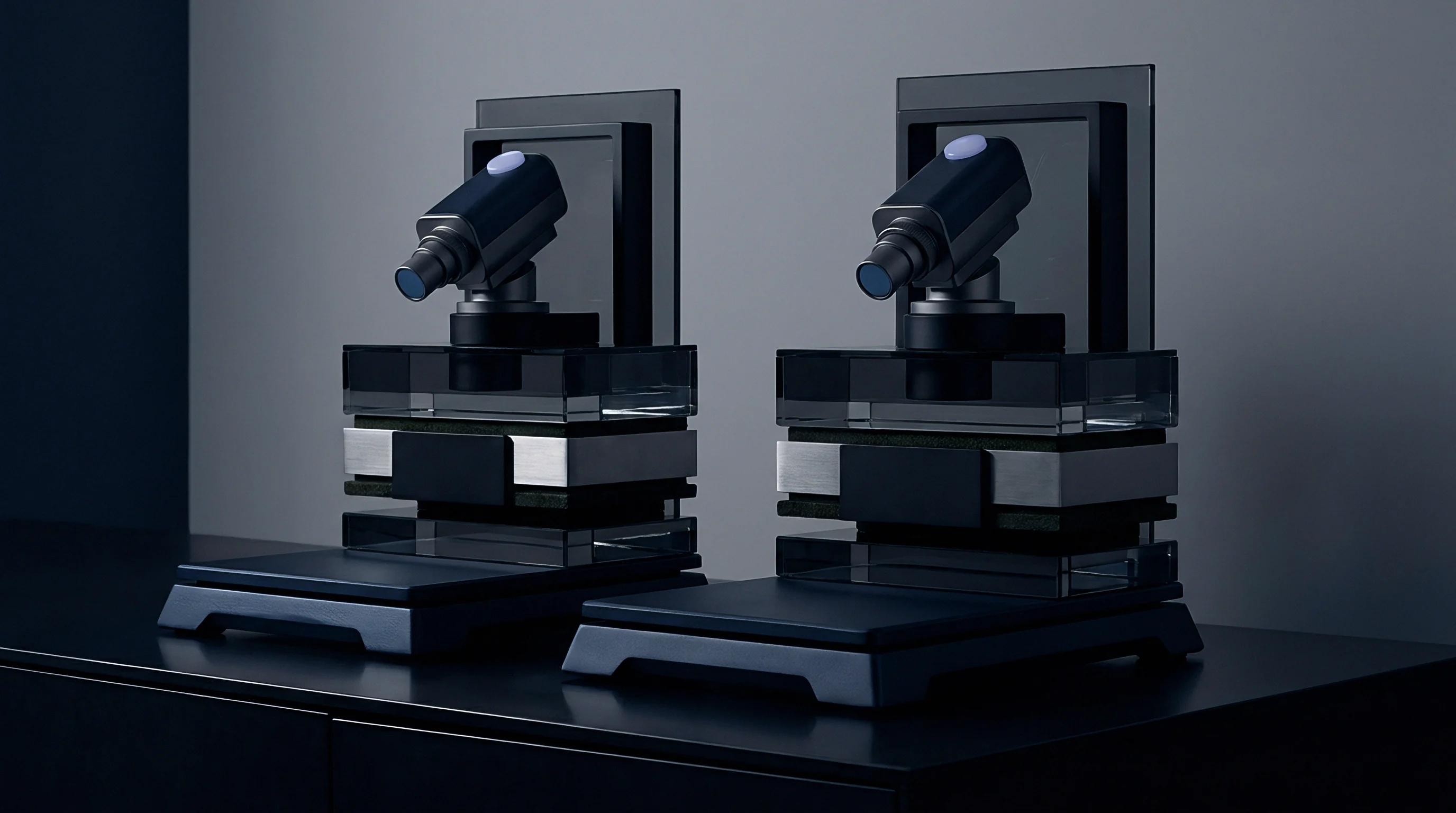 Constructed as a digital render, two modular optical inspection units featuring glass and metal components rest symmetrically on a dark production surface.