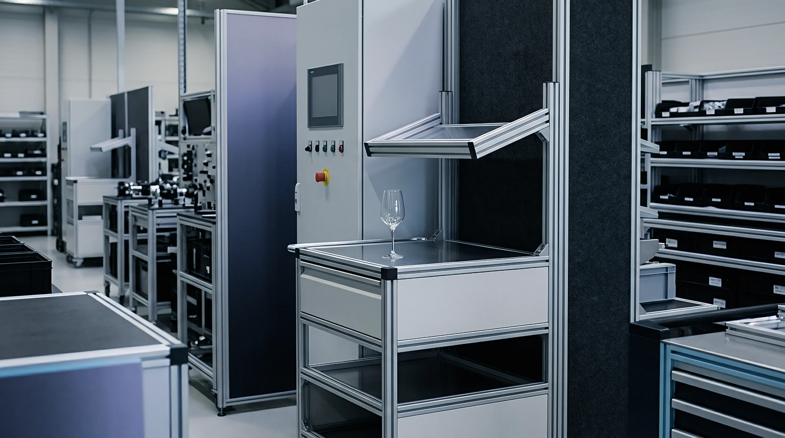 A single stemmed wine glass rests upon a modular aluminum workstation within a clean production environment featuring adjacent industrial shelving units.