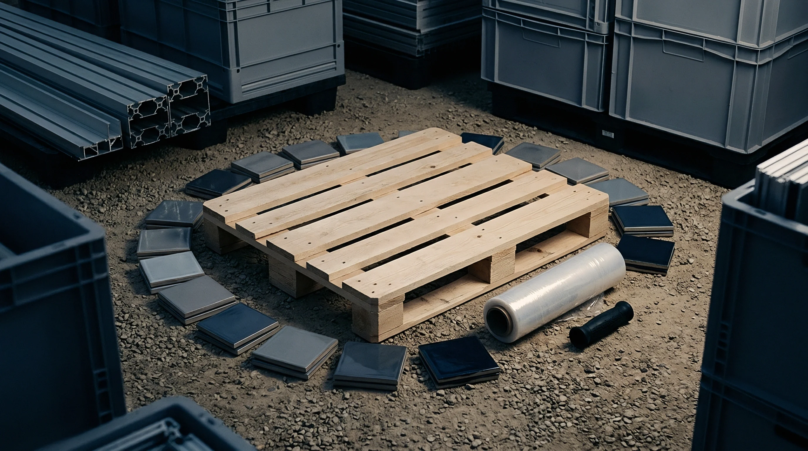 Wooden shipping pallet sits centrally on gravel surrounded by modular tile units alongside stretch wrap rolls within an industrial storage yard.